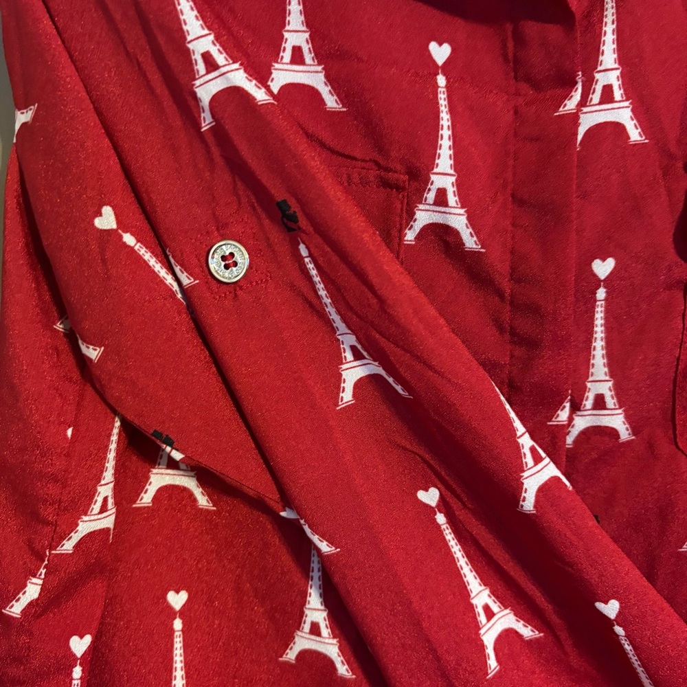 Karl Lagerfeld Red Eiffel Tower Print Button Down Shirt Women’s Sz Medium - Picture 4 of 8
